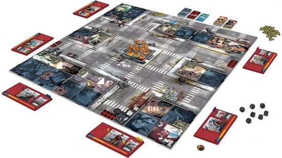 Best horror board games guide - publisher sales photo showing the Zombicide board game board, miniatures, cards, and pieces in play