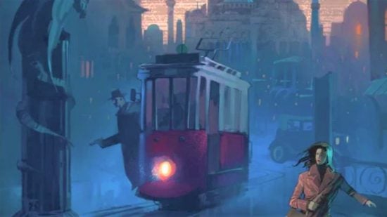 board game design job modiphius - a cover of an achtung Cthulhu module showing a tram at night.