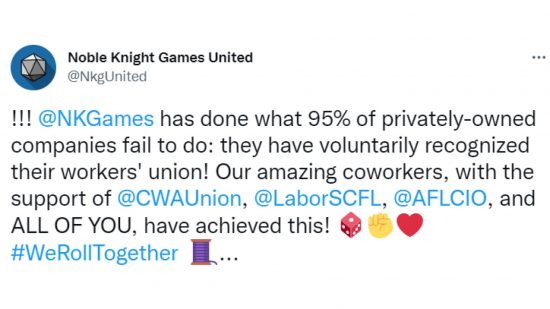 Noble Knight Games board game store union tweet about successful voluntary recognition.