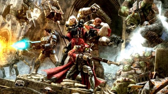 Cubicle 7 Warhammer RPG and card game holiday giveaway - Wrath and Glory supplement book art showing a party of 40k heroes including a skitarius, sister of battle, and space marine