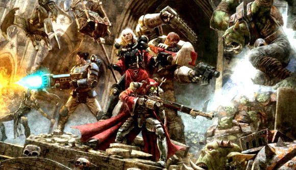 Cubicle 7 Warhammer RPG and card game holiday giveaway - Wrath and Glory supplement book art showing a party of 40k heroes including a skitarius, sister of battle, and space marine