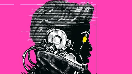 Cy_Borg free content - illustration of a cybernetically enhanced head, seen in profile view on a hot pink background