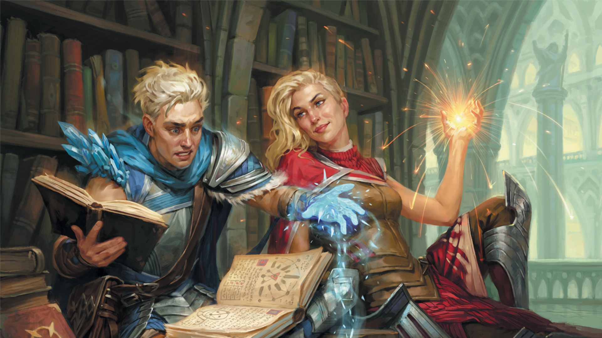 DnD cantrips 5e - Wizards of the Coast art of two students practicing magic in a library