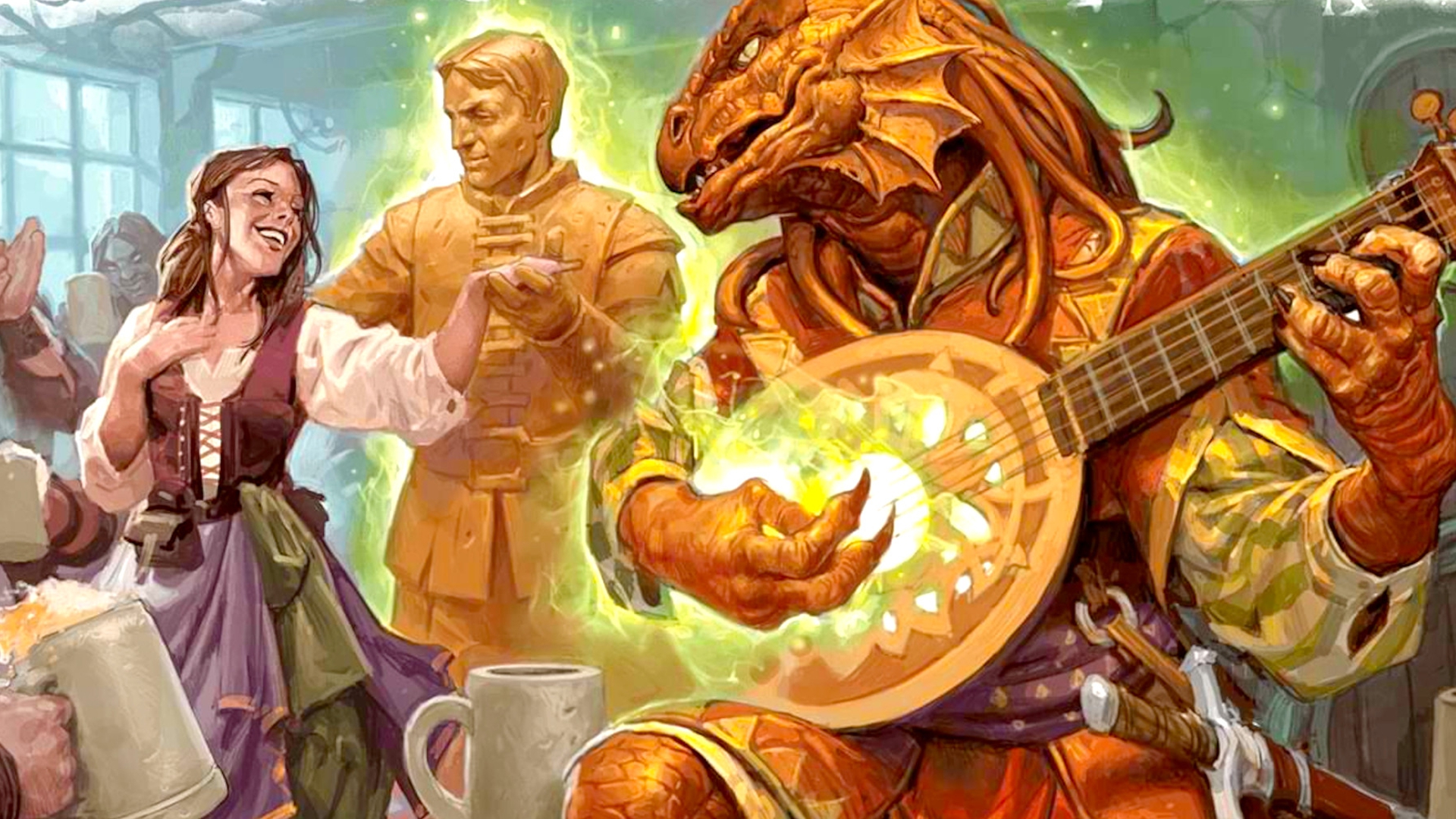 DnD cantrips 5e - Wizards of the Coast art of a Dragonborn Bard casting Minor Illusion while playing a lute