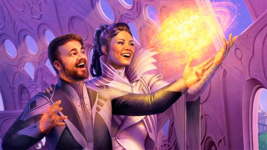 DnD cantrips 5e - Wizards of the Coast art of two humans smiling at a Thaumaturgy cantrip