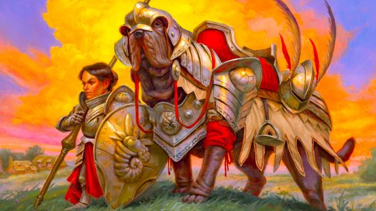 DnD dog homebrew - Wizards of the Coast art of a Halfling and a mastiff dog armoured for battle
