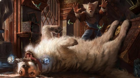 DnD dog homebrew - Wizards of the Coast art of a dog playing with a magic item as its owner looks on distraught