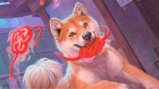 DnD dog homebrew - Wizards of the Coast art of a Shiba Inu with a red decoration in its mouth