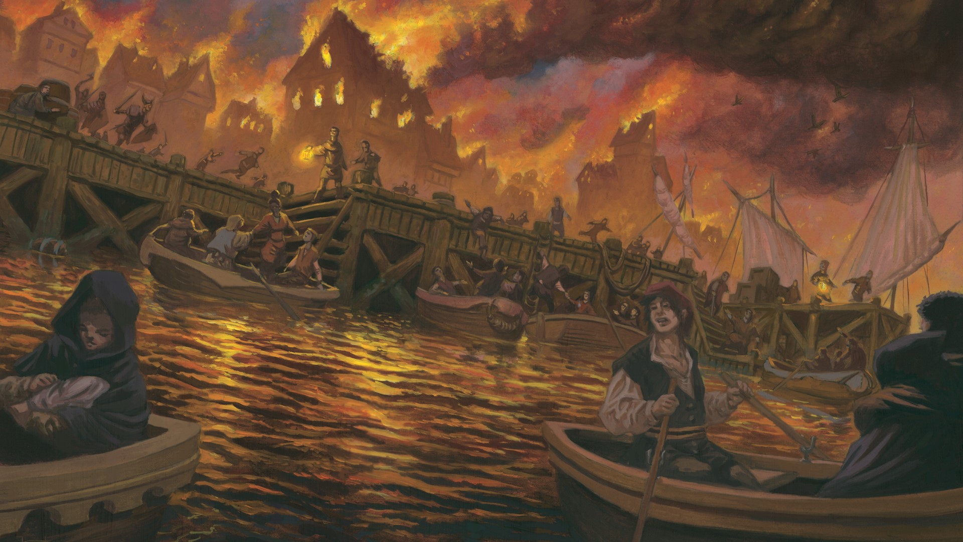 DnD Dragonlance: Shadow of the Dragon Queen review - Wizards of the Coast art of villagers evacuating Vogler by boat