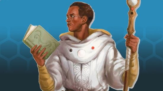 DnD human 5e in white robes on blue background (art by Wizards of the Coast)