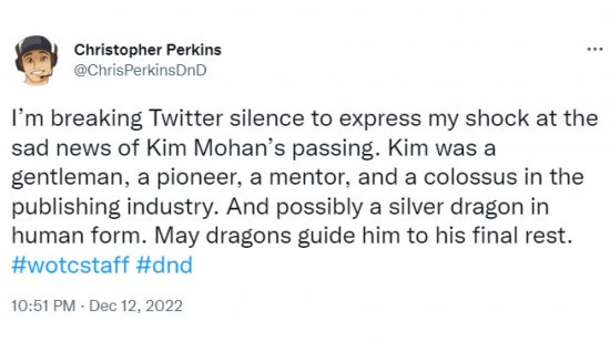 DnD Kim Mohan dies - tweet from Chris Perkins