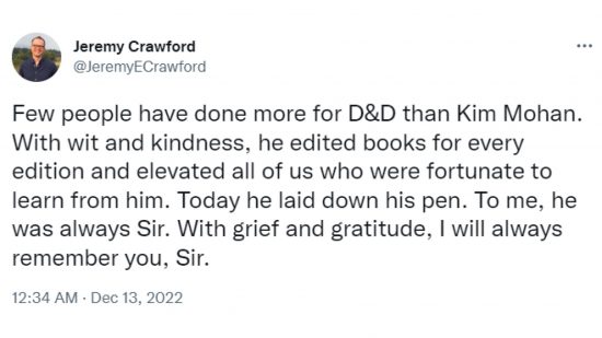 DnD Kim Mohan dies - tweet by Jeremy Crawford