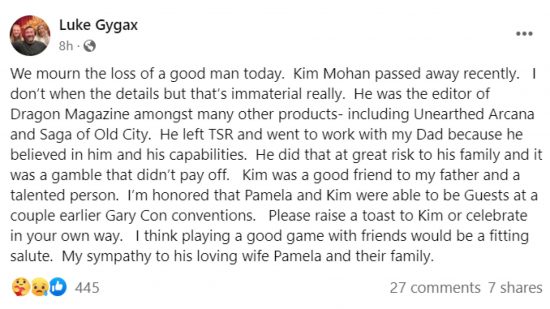 DnD Kim Mohan dies - Facebook post from Luke Gygax