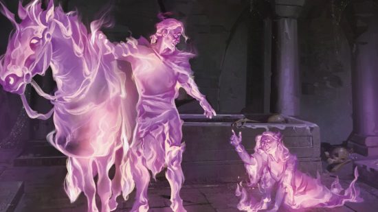 DnD a purple ghost horse rider reaching down towards a purple ghost elf woman.