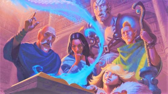 DnD races changed to species - Wizards of the Coast art of an adventuring party standing round a magic spellbook
