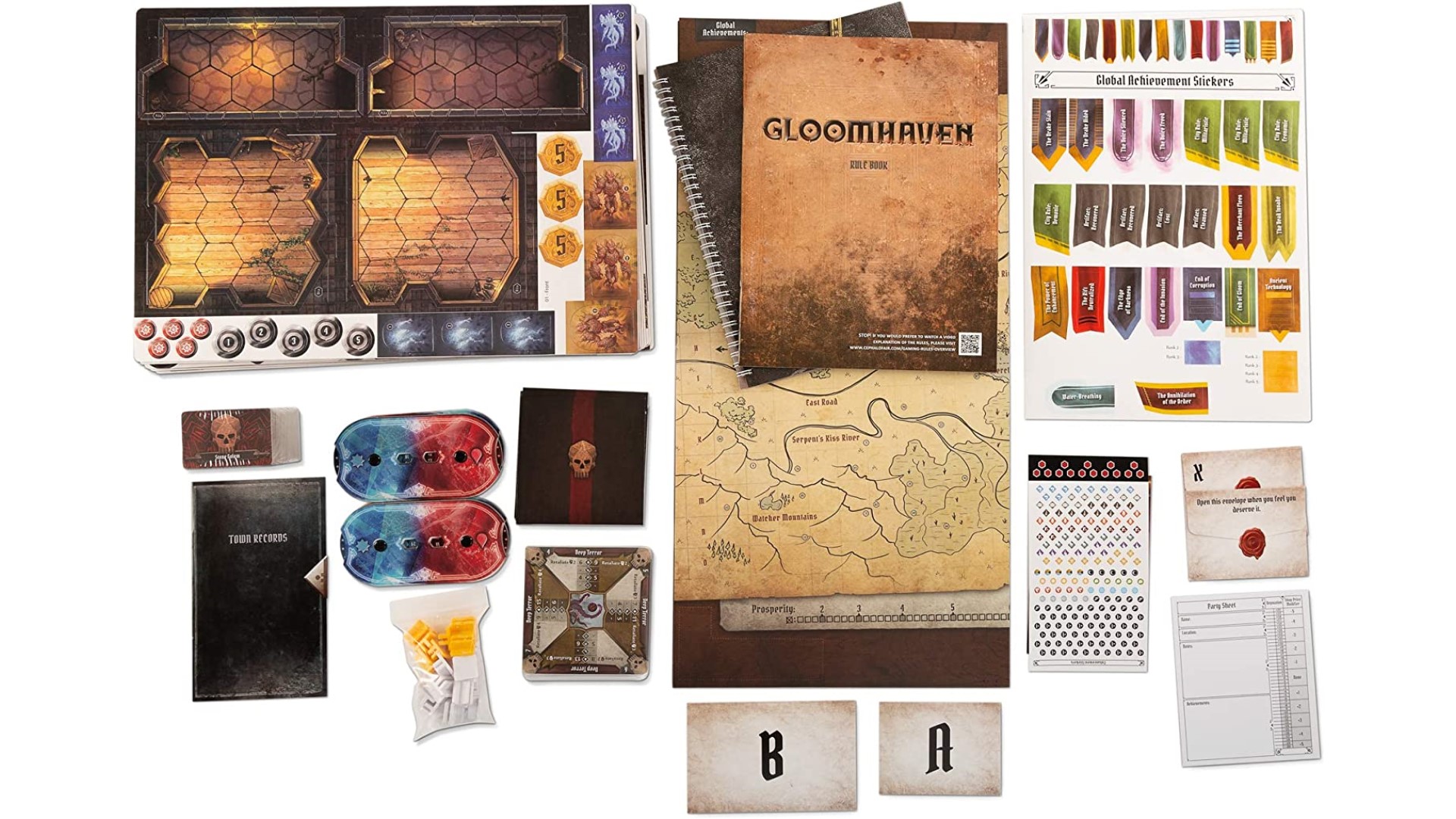 Gloomhaven review - booklets, boards, handouts, and stickers from inside the box