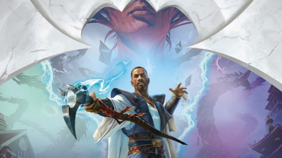 Magic the Gathering march of the machine: MTG artwork of Teferi, with a giant image of Elesh Norn behind him.