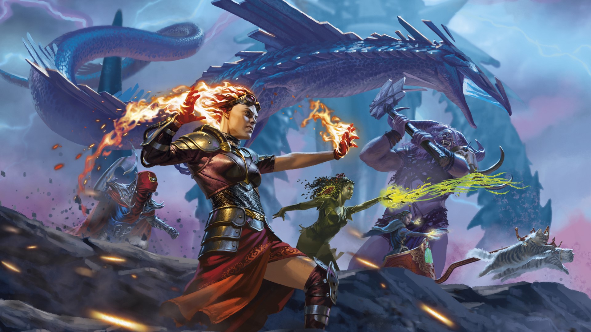 Magic the Gathering march of the machine: artwork showing a range of characters including the planeswalker chandra, ready to fight phyrexia.