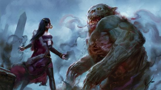MTG Standard dying - a giant zombie behemoth being resurrected by the planeswalker Liliana