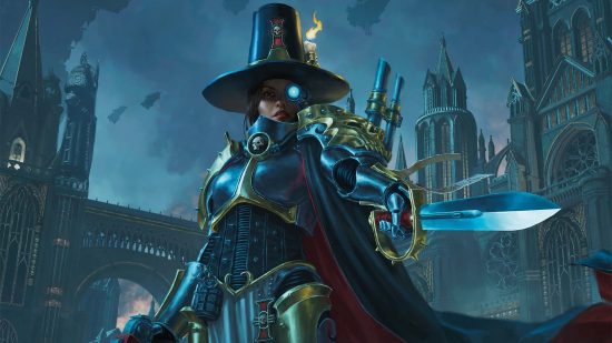 Magic the Gathering Warhammer 40k crossover decks are popular - key art by Wizards of the Coast of Inquisitor Greyfax, a woman in steel armour, wearing a witchfinder's hat, wielding a sword, with a cyber-eye
