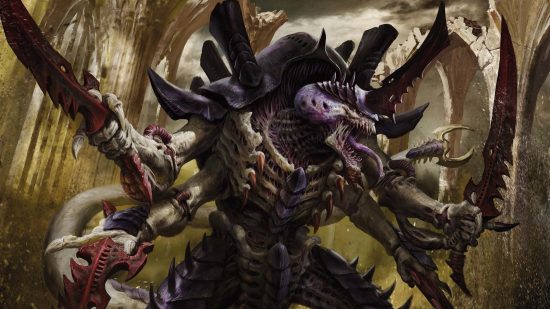 Magic the Gathering Warhammer 40k crossover decks are popular - key art by Wizards of the Coast of The Swarm Lord, an alien tyranid with rib-like carapace, four arms wielding bone swords, a fanged maw and long tongue