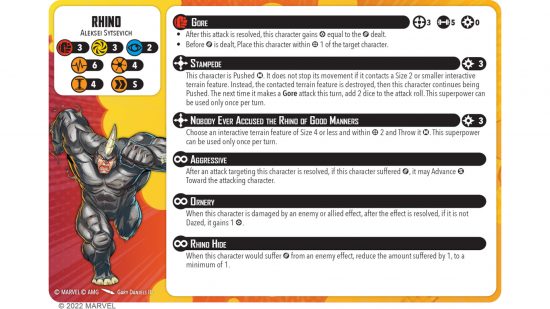 Marvel Crisis Protocol Rhino rules card, showing his game statistics when he is injured