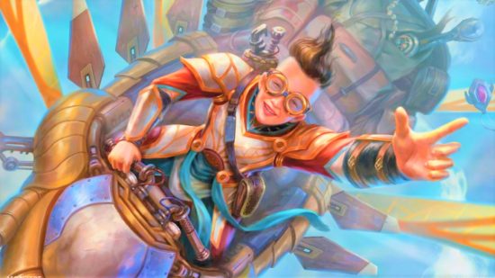 MTG Arena Alchemy Brothers War Explorer Anthology 2 release - Wizards of the Coast art of a goggled human gleefully riding a steampunk aircraft