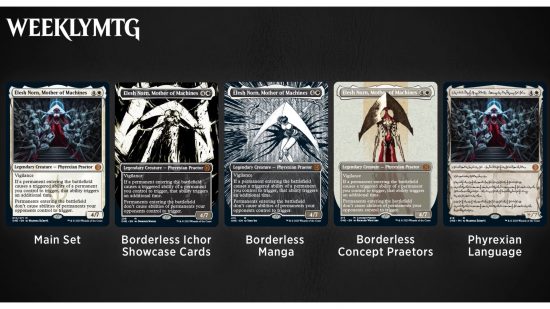 MTG Junji Ito Elesh Norn card and the other five versions from the MTG Weekly livestream