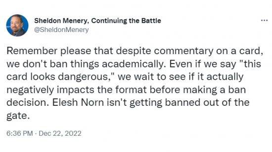 MTG never print Elesh Norn - tweet from Sheldon Menery