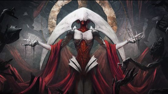 MTG Phyrexia All Will Be One release date - Elesh Norn standing triumphant