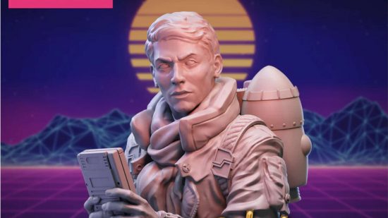 Pro Warhammer Painter plagiarised by Greenstuff World - Mindworks Games rendering of their bust The Pilot, a man with short hair in a short-sleeved flying jacket with a rocket attached to his back