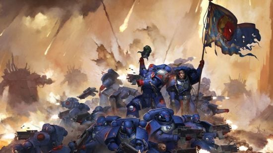 Warhammer 40k author - A bunch of Ultramarine Space Marines fighting orks on top of a mountain of skulls