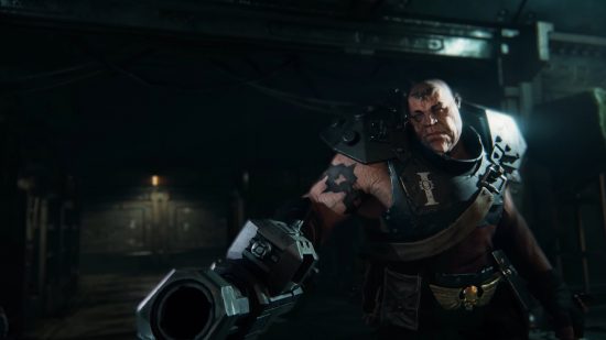 Warhammer 40k Darktide Ogryn - screenshot from Fatshark game, huge ogrelike human holding a wrist-attached gun
