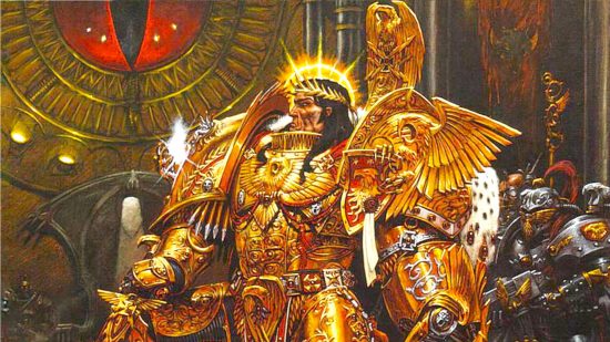 Warhammer 40k film with Henry Cavill - closeup of art by Adrian Smith, showing the Emperor of Mankind, a golden-armoured warrior, with flowing black hair, wearing gold laurels and wielding a burning sword