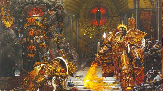 Warhammer 40k film with Henry Cavill - art by Adrian Smith, the black armoured primarch Horus Lupercal faces off against the gold-armoured Emperor of Mankind over the body of the angellic Sanguinius on board the corrupt spacecraft The Vengeful Spirit