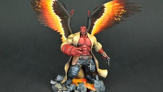 Warhammer 40k Magnus the Red model converted into Hellboy by Den of Imagination painting service - A bare-chested, muscular red daemon with the stumps of horns, with a giant right hand, holding a gun in the left, wearing a tan trench-coat, a pair of fiery wings sprouting from his back