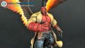 Warhammer 40k Magnus the Red model converted into Hellboy by Den of Imagination painting service - A bare-chested, muscular red daemon with the stumps of horns, with a giant right hand, holding a gun in the left, wearing a tan trench-coat, a pair of fiery wings sprouting from his back