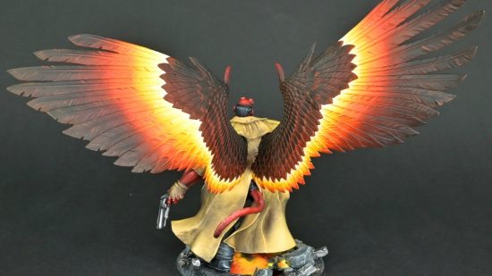 Warhammer 40k Magnus the Red model converted into Hellboy by Den of Imagination painting service - viewed from behind, a demon with a red tail, wearing a tan trenchcoat, fiery wings growing from his back