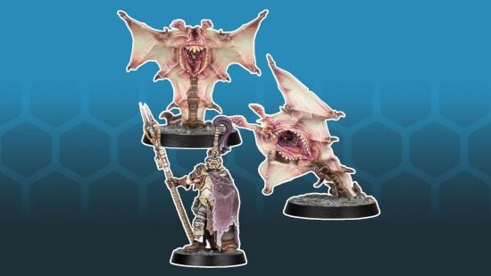 Warhammer 40k Necromunda Ripperjack models - photographs by Forgeworld of two large, pink, bat-like monsters with gaping maws, and a human in piecemeal armour wielding a cattleprod