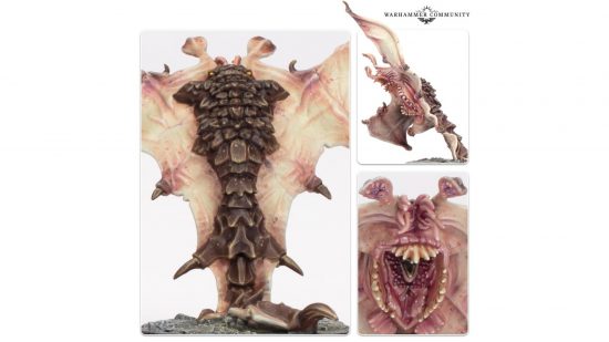 Warhammer 40k Necromunda Ripper Jacks - preview photograph by Games Workshop showing closeup detail on a model of an alien creature with a huge, lamprey mouth, manta-ray wings, and a scaly back