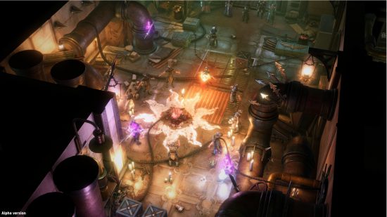Warhammer 40k Rogue Trader alpha screenshot of a game by Owlcat Games, showing a ritual in an industrial slum that is summoning a warp demon