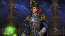 Warhammer 40k Rogue Trader alpha - illustration by Owlcat Games of a navy officer or rogue trader, an imposing woman in an ornate blue military uniform