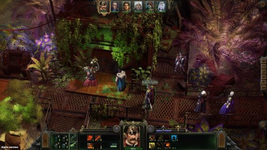 Warhammer 40k Rogue Trader alpha, screenshot of a game by Owlcat Games, a party explores the overgrown remains of an expedition outpost