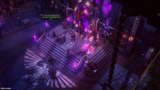 Warhammer 40k rogue trader alpha build screenshot, game by Owlcat Games, a party of adventurers encountera temple of heretical techpriests in a derelict spaceship