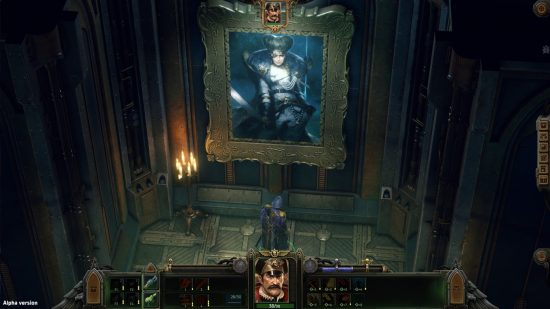 Warhammer 40k rogue trader alpha build screenshot, game by Owlcat Games, a Rogue Trader stands in front of the huge portrait of his predecessor, an imposing woman with regal bearing