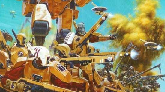 Warhammer 40k Tau Empire army guide - Games Workshop image showing a Tau Cadre Fireblade commanding Fire Warriors in battle