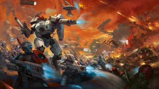 Warhammer 40k Tau Empire army guide - Games Workshop image showing an army of Tau in battle, from the cover of the 9th edition Tau Empire codex, released in February 2022
