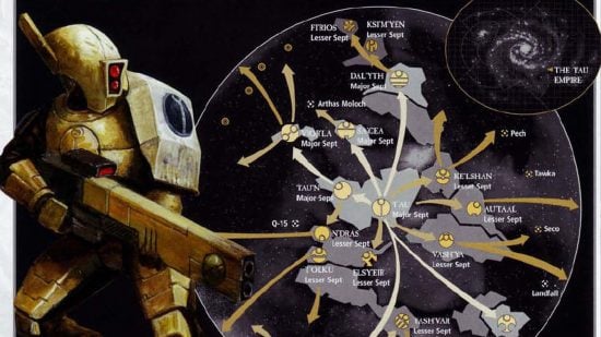 Warhammer 40k Tau Empire army guide - Games Workshop image showing a Tau Fire Warrior and a map showing the Tau spheres of expansion