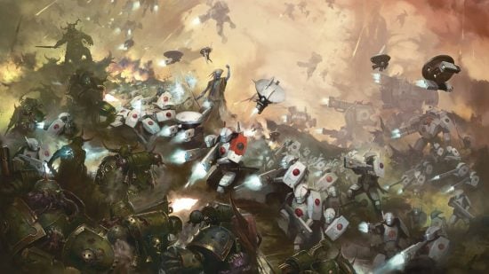 Warhammer 40k Tau Empire army guide - Games Workshop image showing a large Tau force fighting chaos space marines