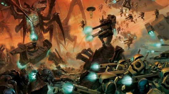 Warhammer 40k Tau Empire army guide - Games Workshop image showing a Tau Empire army fighting Tyranids